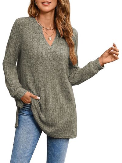 Slit Notched Pocketed Long Sleeve T-Shirt-TOPS / DRESSES-[Adult]-[Female]-2022 Online Blue Zone Planet