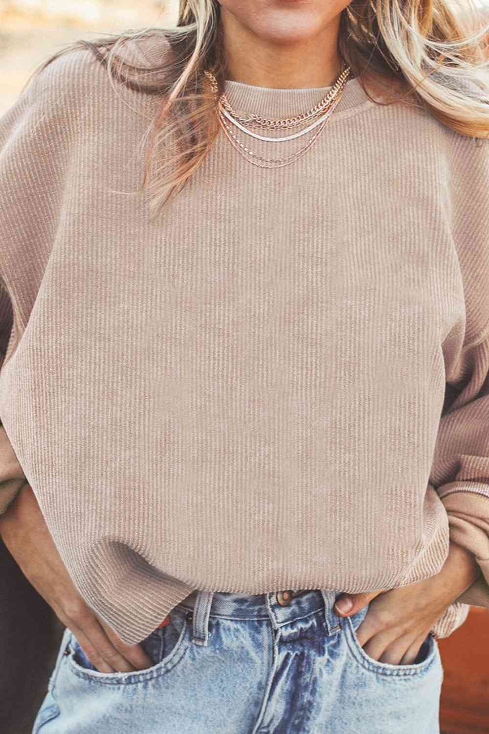 Ribbed Round Neck Drop Shoulder Sweatshirt BLUE ZONE PLANET