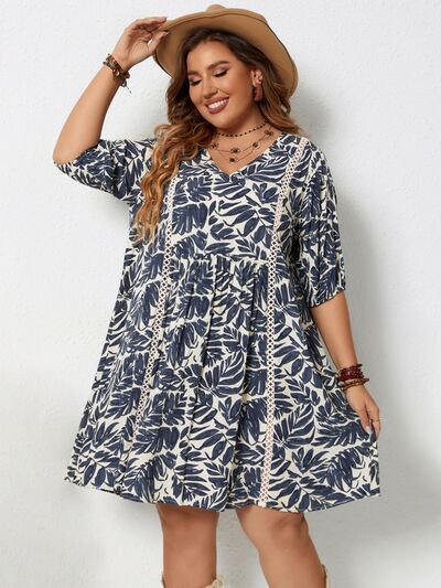 Plus Size Printed V-Neck Half Sleeve Mini Dress BLUE ZONE PLANET