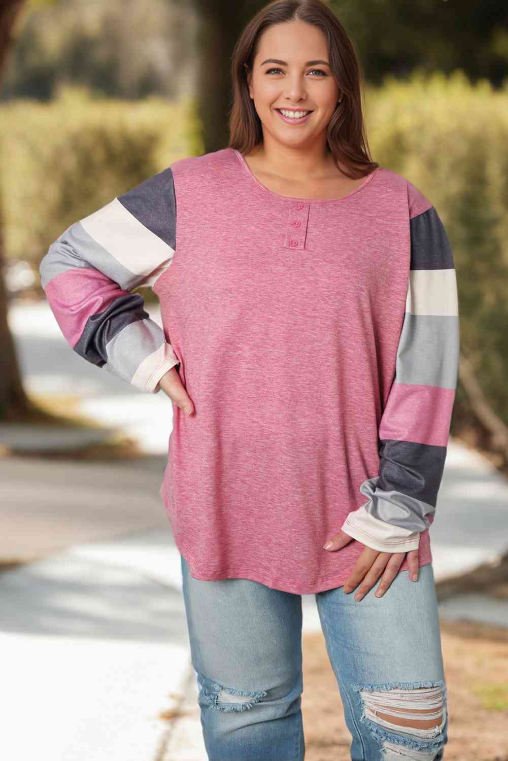 Plus Size Round Neck Color Block Long Sleeve T-Shirt BLUE ZONE PLANET