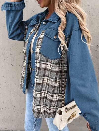 Plaid Button Up Dropped Shoulder Jacket BLUE ZONE PLANET