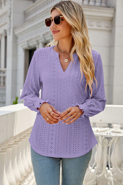 Eyelet Notched Lantern Sleeve T-Shirt Trendsi