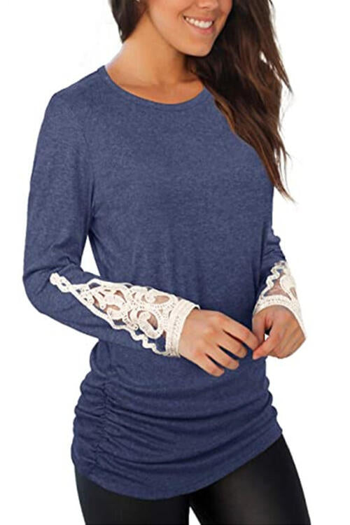 Lace Detail Long Sleeve Round Neck T-Shirt BLUE ZONE PLANET