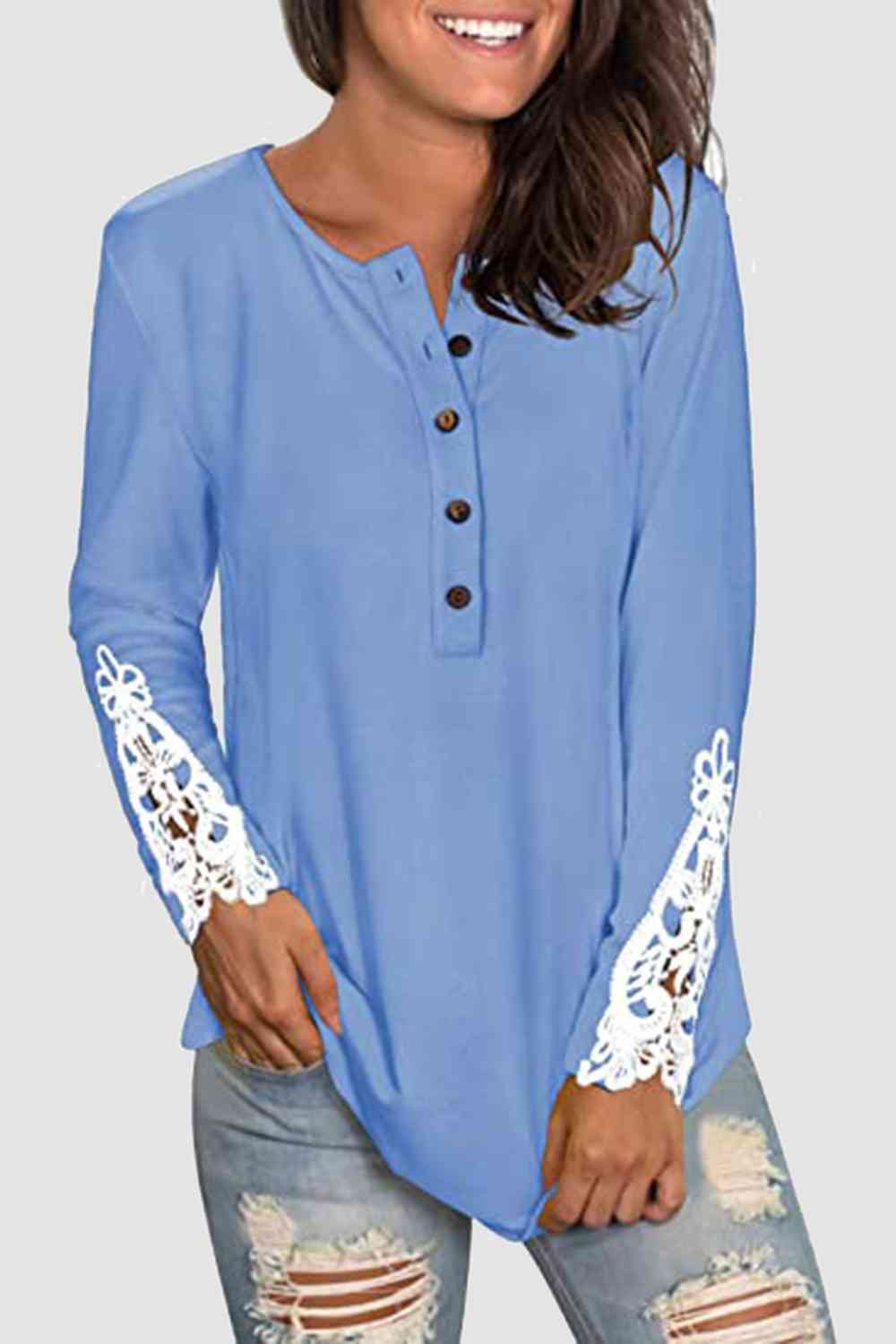Lace Detail Button Front T-Shirt BLUE ZONE PLANET