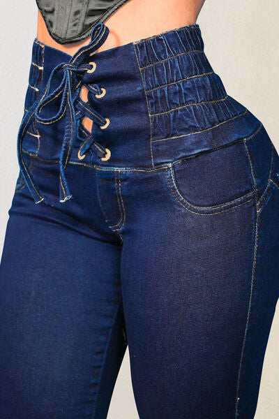 Lace-Up High Waist Jeans with Pockets Trendsi