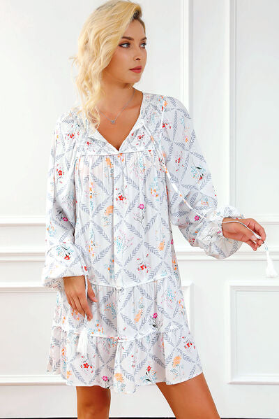 Printed Tie Neck Balloon Sleeve Tiered Dress BLUE ZONE PLANET