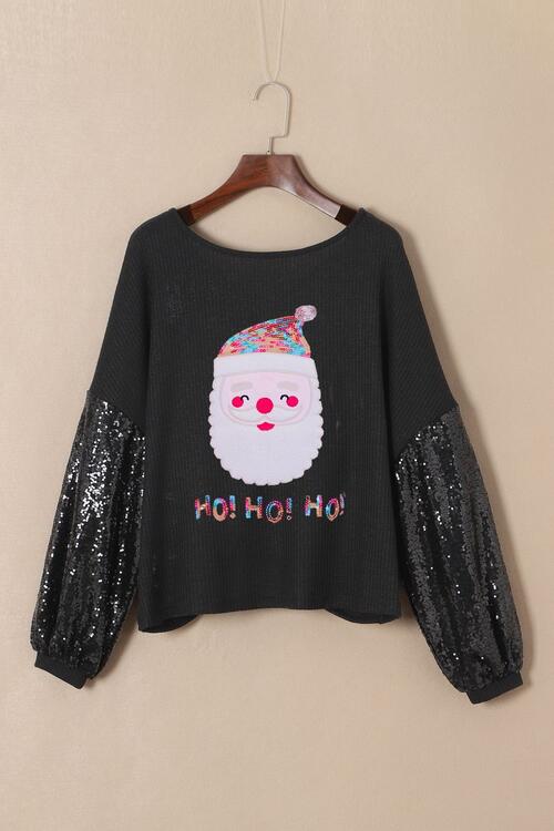 Waffle-Knit Santa Graphic Sequin Long Sleeve Blouse BLUE ZONE PLANET