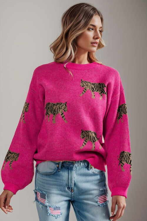 Tiger Pattern Round Neck Drop Shoulder Sweater BLUE ZONE PLANET