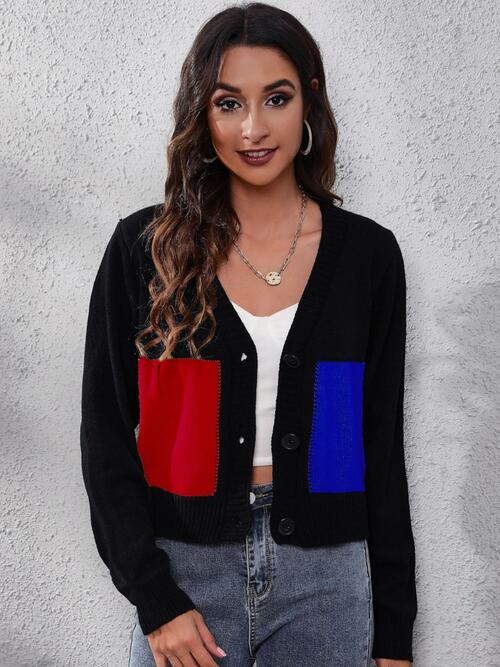 Color Block Button Up Long Sleeve Cardigan BLUE ZONE PLANET