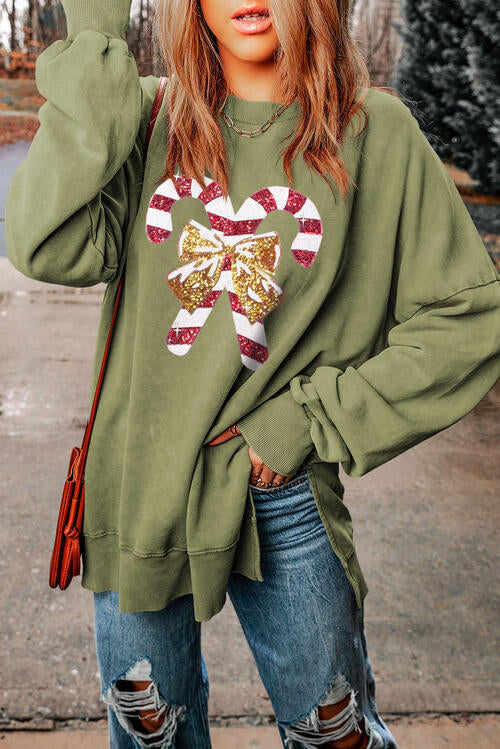 Sequin Candy Cane Round Neck Slit Sweatshirt BLUE ZONE PLANET