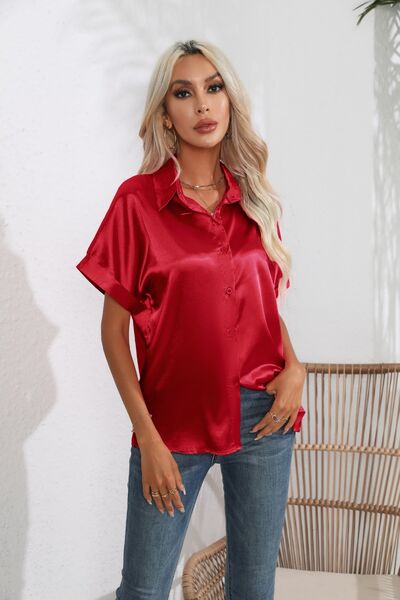 Collared Neck Short Sleeve Shirt-TOPS / DRESSES-[Adult]-[Female]-Scarlet-S-2022 Online Blue Zone Planet