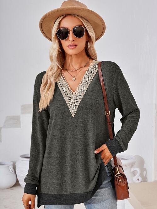 Crochet Contrast V-Neck Long Sleeve Slit T-Shirt BLUE ZONE PLANET