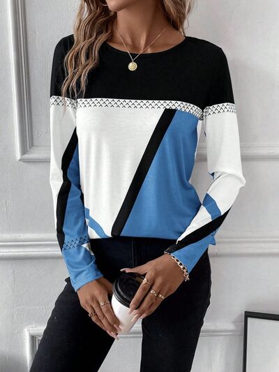 Contrast Round Neck Long Sleeve T-Shirt Trendsi