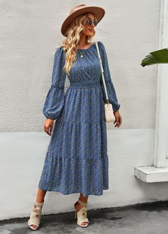 Crew Neck Long Sleeve Boho Print Dress BLUE ZONE PLANET