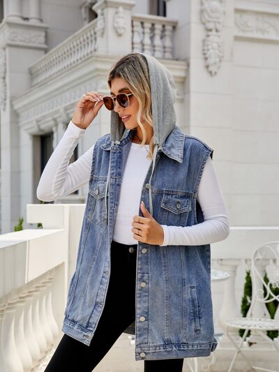 Drawstring Pocketed Button Up Sleeveless Denim Jacket Trendsi