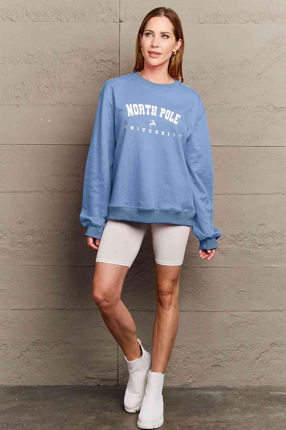 Simply Love Full Size NORTH POLE UNIVERSITY Graphic Sweatshirt BLUE ZONE PLANET