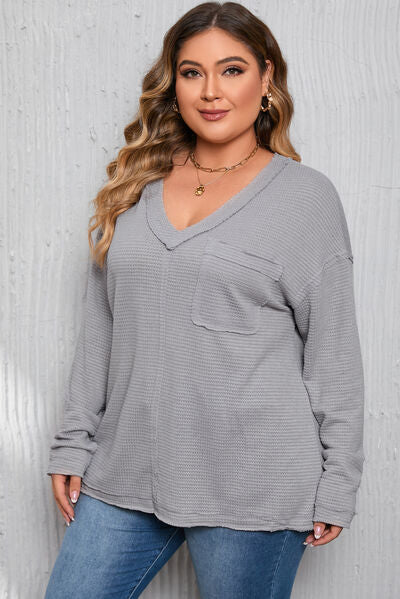 Plus Size Waffle-Knit V-Neck Dropped Shoulder T-Shirt-TOPS / DRESSES-[Adult]-[Female]-2022 Online Blue Zone Planet