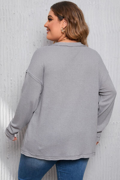 Plus Size Waffle-Knit V-Neck Dropped Shoulder T-Shirt-TOPS / DRESSES-[Adult]-[Female]-2022 Online Blue Zone Planet