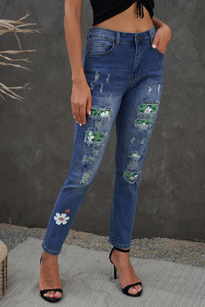 Blue Zone Planet |  Distressed Buttoned Jeans with Pockets BLUE ZONE PLANET