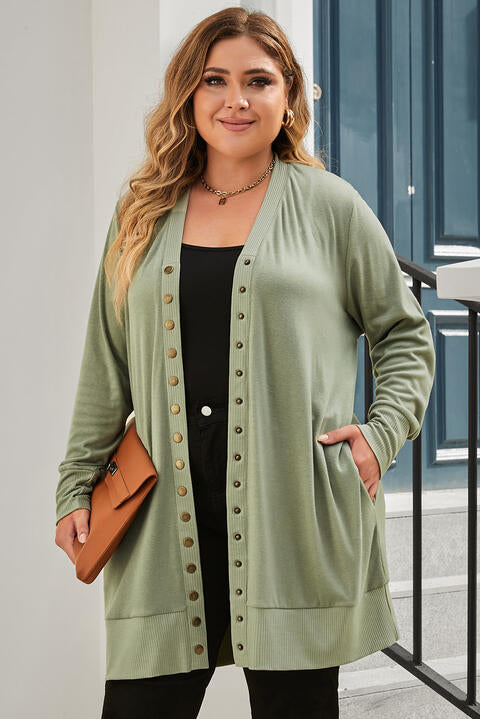 Snap Up V-Neck Long Sleeve Cardigan with Pockets BLUE ZONE PLANET