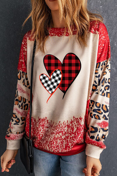 Heart Leopard Round Neck Sweatshirt BLUE ZONE PLANET