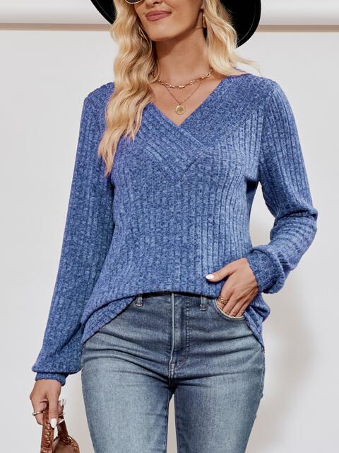 V-Neck Ribbed Long Sleeve Top BLUE ZONE PLANET