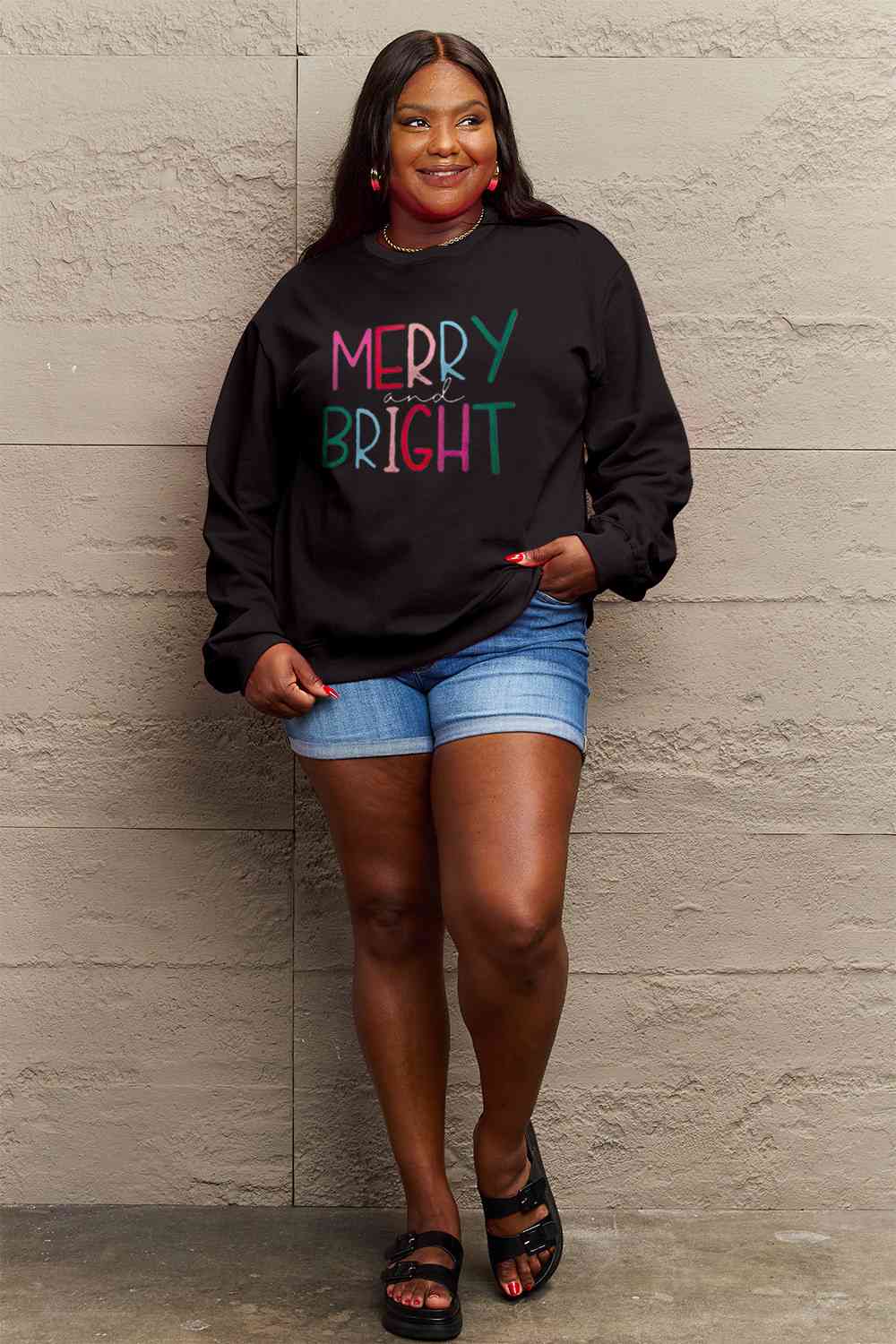 Simply Love Full Size MERRY AND BRIGHT Graphic Sweatshirt BLUE ZONE PLANET