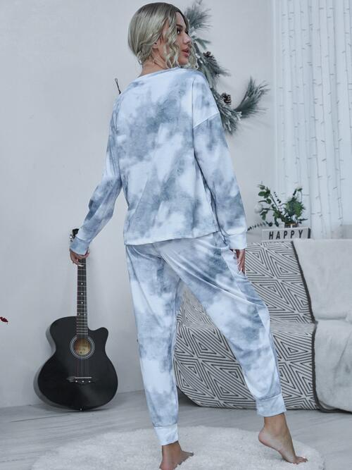 Tie-dye Round Neck Top and Drawstring Pants Lounge Set BLUE ZONE PLANET