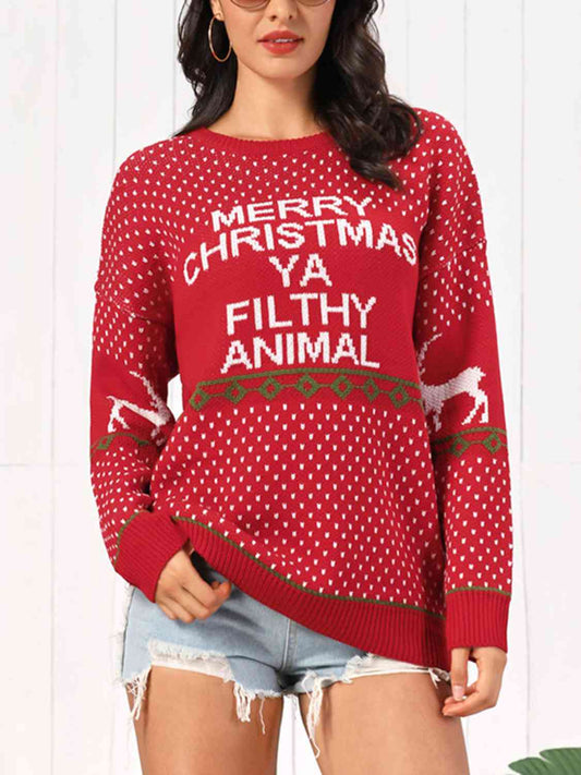 Christmas Element Round Neck Sweater BLUE ZONE PLANET