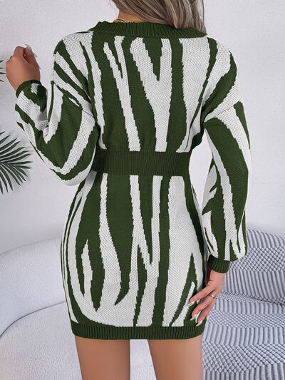 Animal Print V-Neck Long Sleeve Sweater Dress BLUE ZONE PLANET