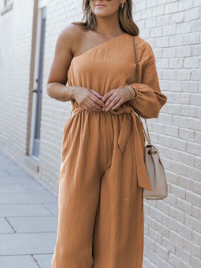 Texture Single Shoulder Tie-Waist Jumpsuit Trendsi