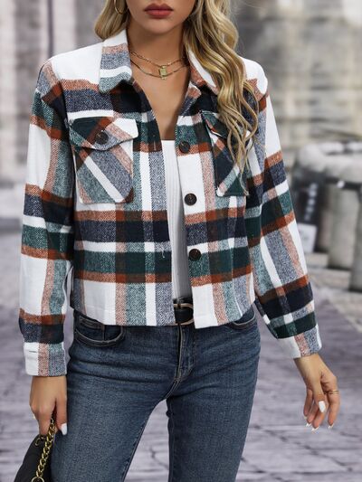 Plaid Button Up Jacket with Pockets BLUE ZONE PLANET
