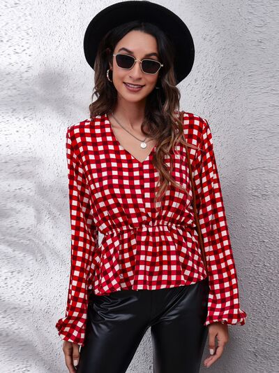 Plaid V-Neck Balloon Sleeve Peplum Blouse BLUE ZONE PLANET