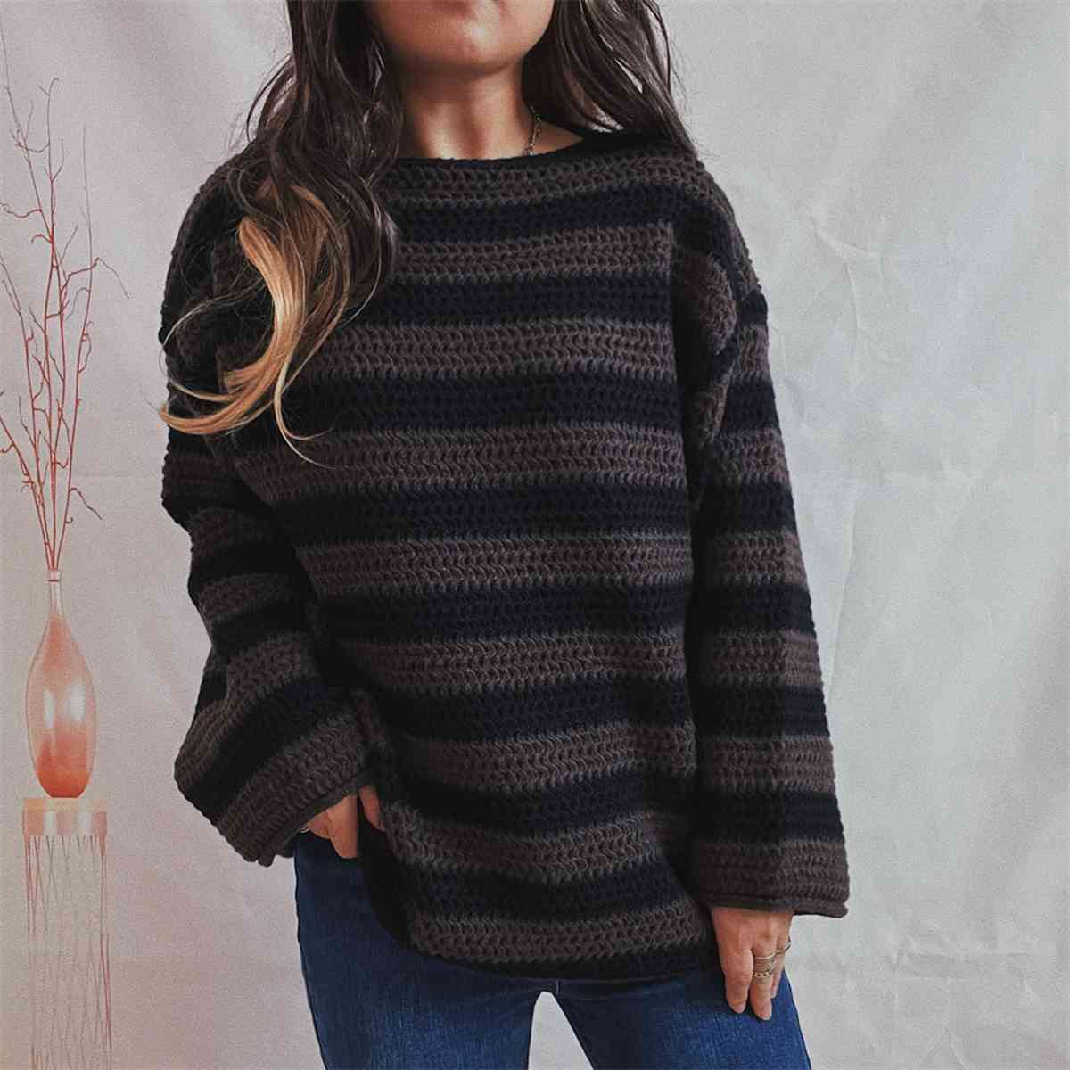 Striped Round Neck Long Sleeve Sweater BLUE ZONE PLANET