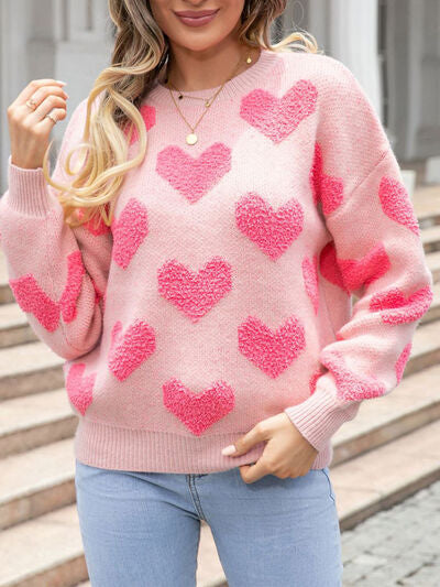 Heart Round Neck Dropped Shoulder Sweater Trendsi