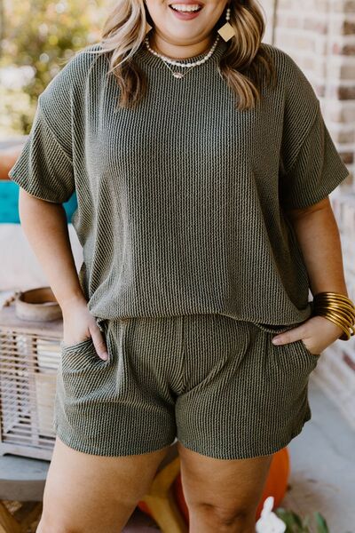 Plus Size Round Neck Top and Pocketed Shorts Set Trendsi