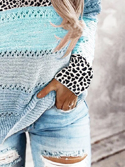 Blue Zone Planet |  Full Size Openwork Leopard Drawstring Hooded Sweater BLUE ZONE PLANET