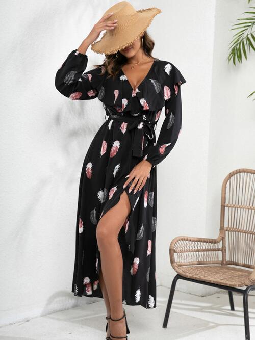 Printed Tie Front Ruffle Trim Long Sleeve Dress BLUE ZONE PLANET