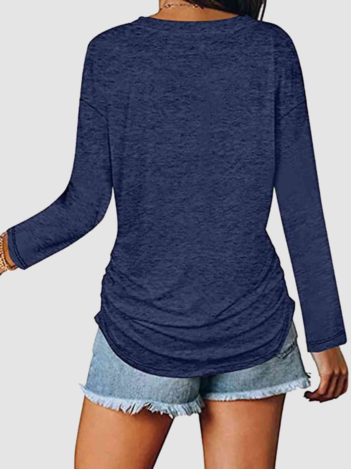 Ruched V-Neck Long Sleeve T-Shirt BLUE ZONE PLANET