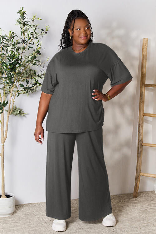 Double Take Full Size Round Neck Slit Top and Pants Set BLUE ZONE PLANET