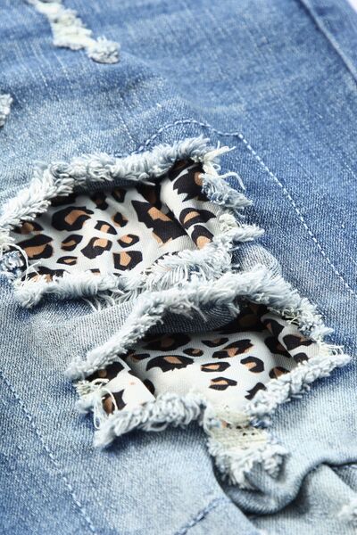 Leopard Distressed Pocketed Straight Jeans BLUE ZONE PLANET