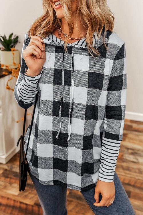 Plaid Drawstring Long Sleeve Hoodie BLUE ZONE PLANET