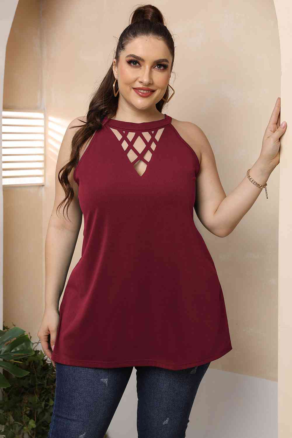 Plus Size Halter Neck Cutout Sleeveless Dress BLUE ZONE PLANET