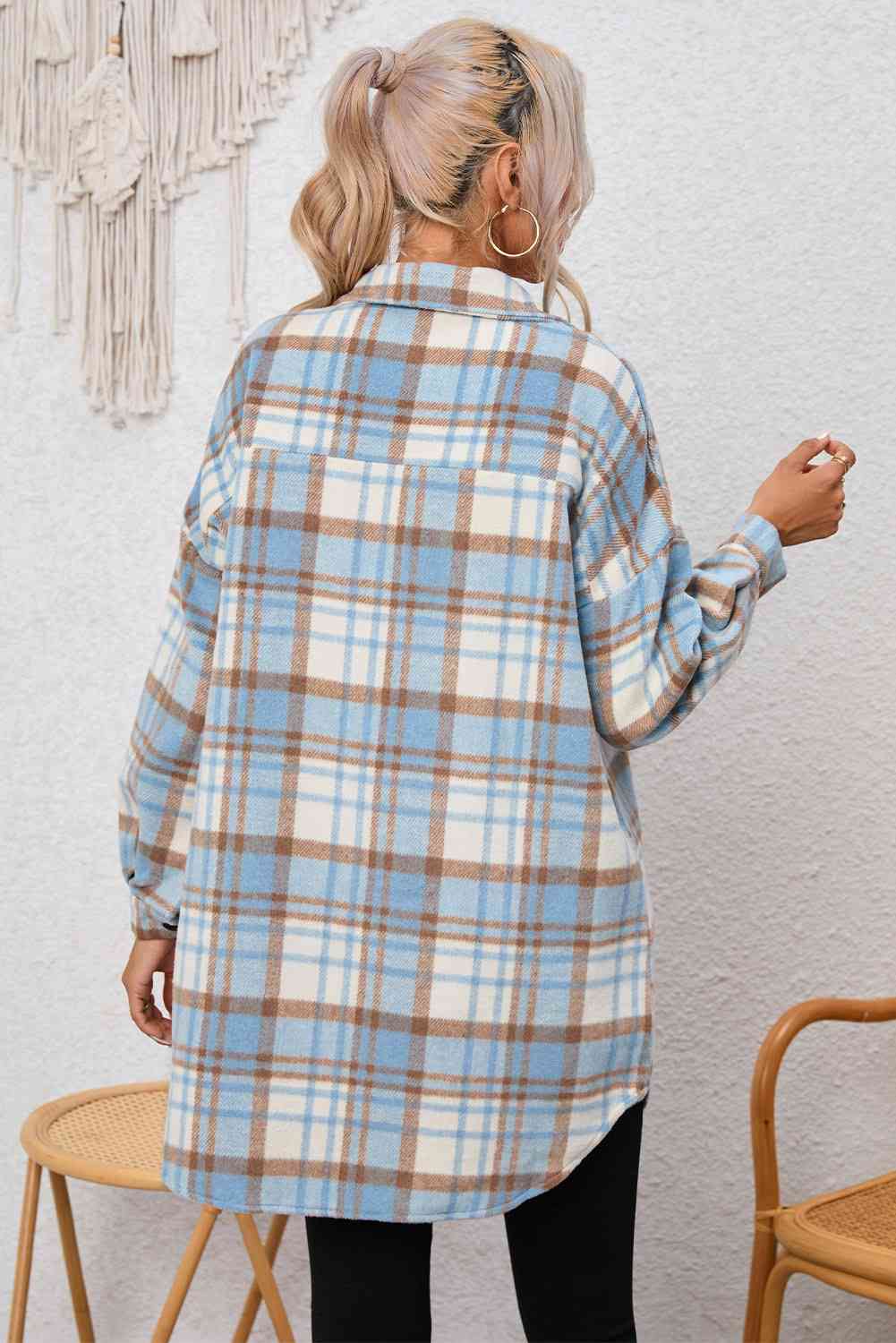 Plaid Dropped Shoulder Shirt Jacket BLUE ZONE PLANET