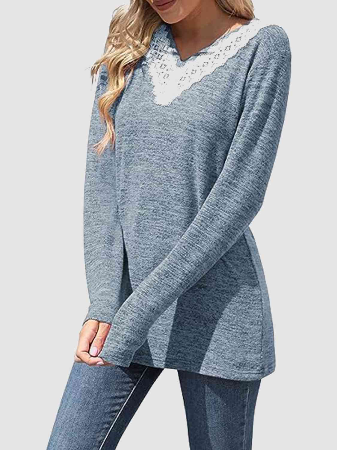 Lace Detail V-Neck Long Sleeve Top BLUE ZONE PLANET