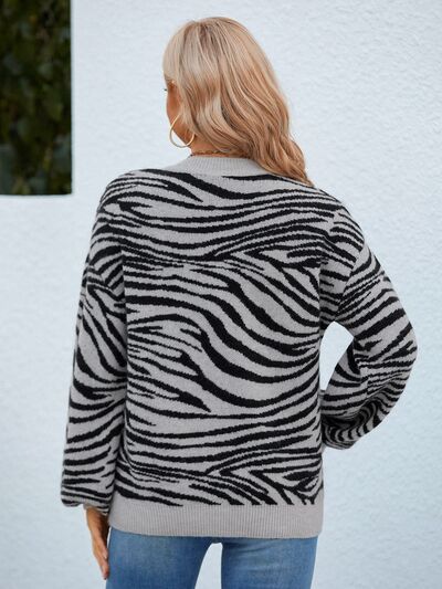 Animal Print Round Neck Dropped Shoulder Sweater-TOPS / DRESSES-[Adult]-[Female]-2022 Online Blue Zone Planet