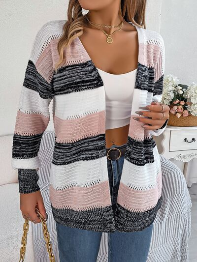 Openwork Striped Open Front Cardigan BLUE ZONE PLANET