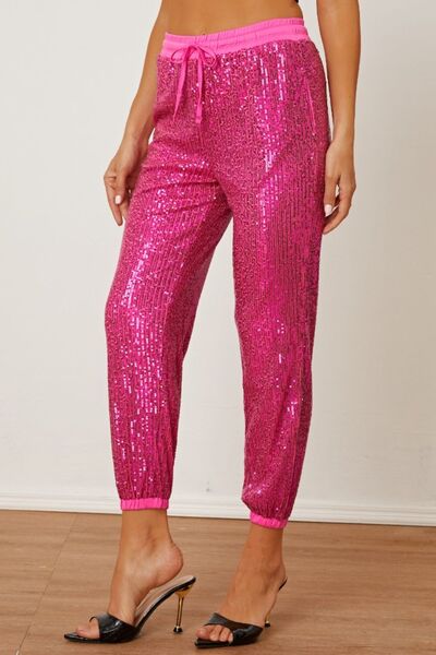 Sequin Drawstring Pants with Pockets-BOTTOM SIZES SMALL MEDIUM LARGE-[Adult]-[Female]-2022 Online Blue Zone Planet