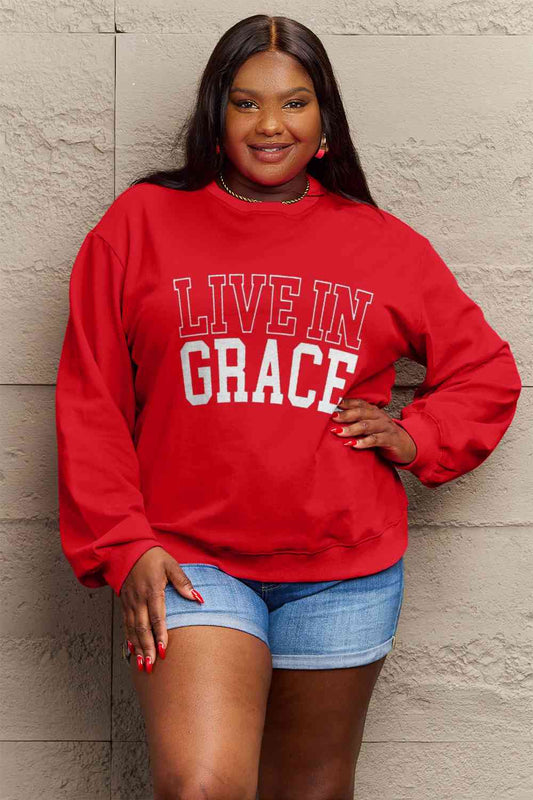 Simply Love Full Size LIVE IN GRACE Graphic Sweatshirt BLUE ZONE PLANET