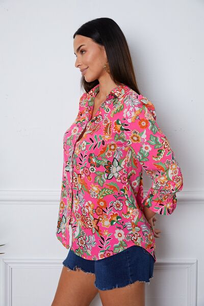 Floral Button Up Flounce Sleeve Shirt Trendsi